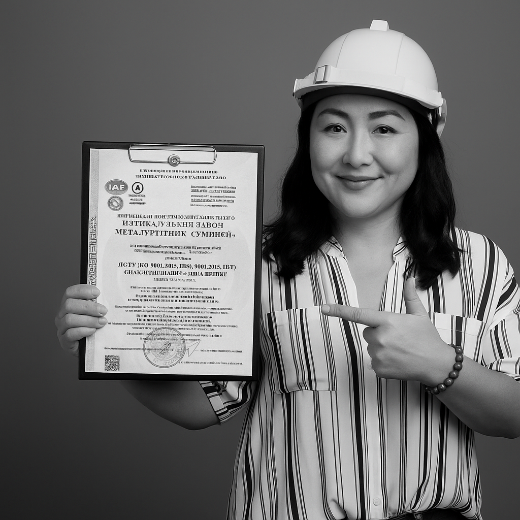 Співробітник підприємства П'ятхатського заводу показує сертифікат якості